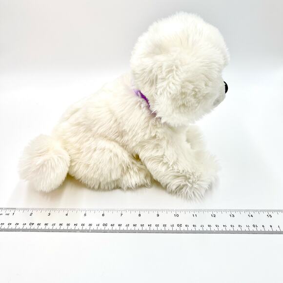 Aurora World White Fluffy Dog Plush Sitting Freckles Pink Tongue Purple Ribbon - Picture 6 of 10